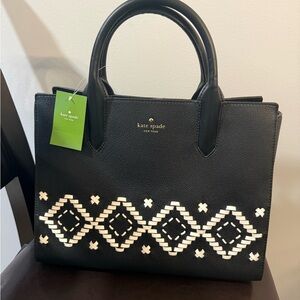 kate spade Black Leather Satchel with Cream Woven Diamond Detail